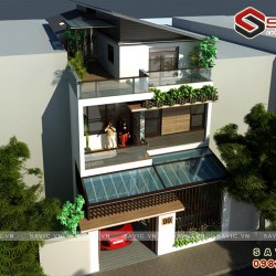 Thiết kế nhà biệt thự phố đẹp 3 tầng mái chéo BT1580