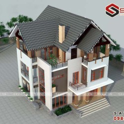 Thiết kế nhà biệt thự đẹp 3 tầng kết hợp vật liệu gỗ pha kính BT1525